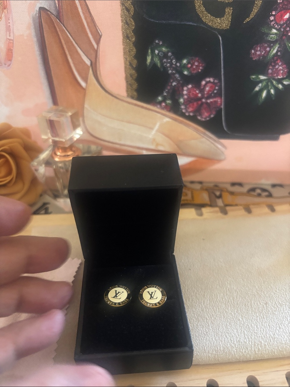 Designer-Inspired Gold and Black Logo Stud Earrings
